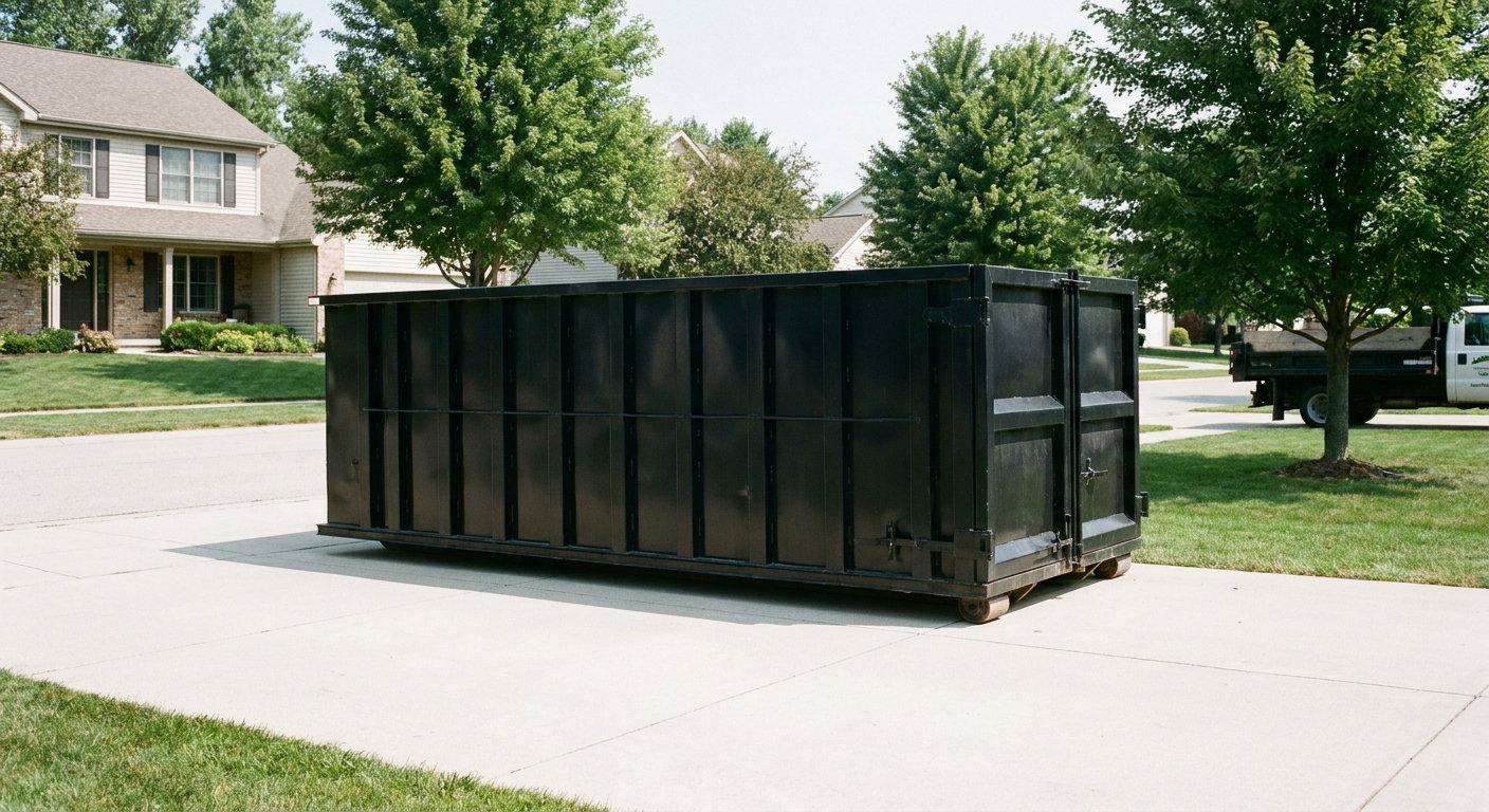 Matte-black 20-yard roll-off dumpster sitting level on a clean Rockford residential concrete driveway under bright daylight, demonstrating clean placement directly on the concrete.