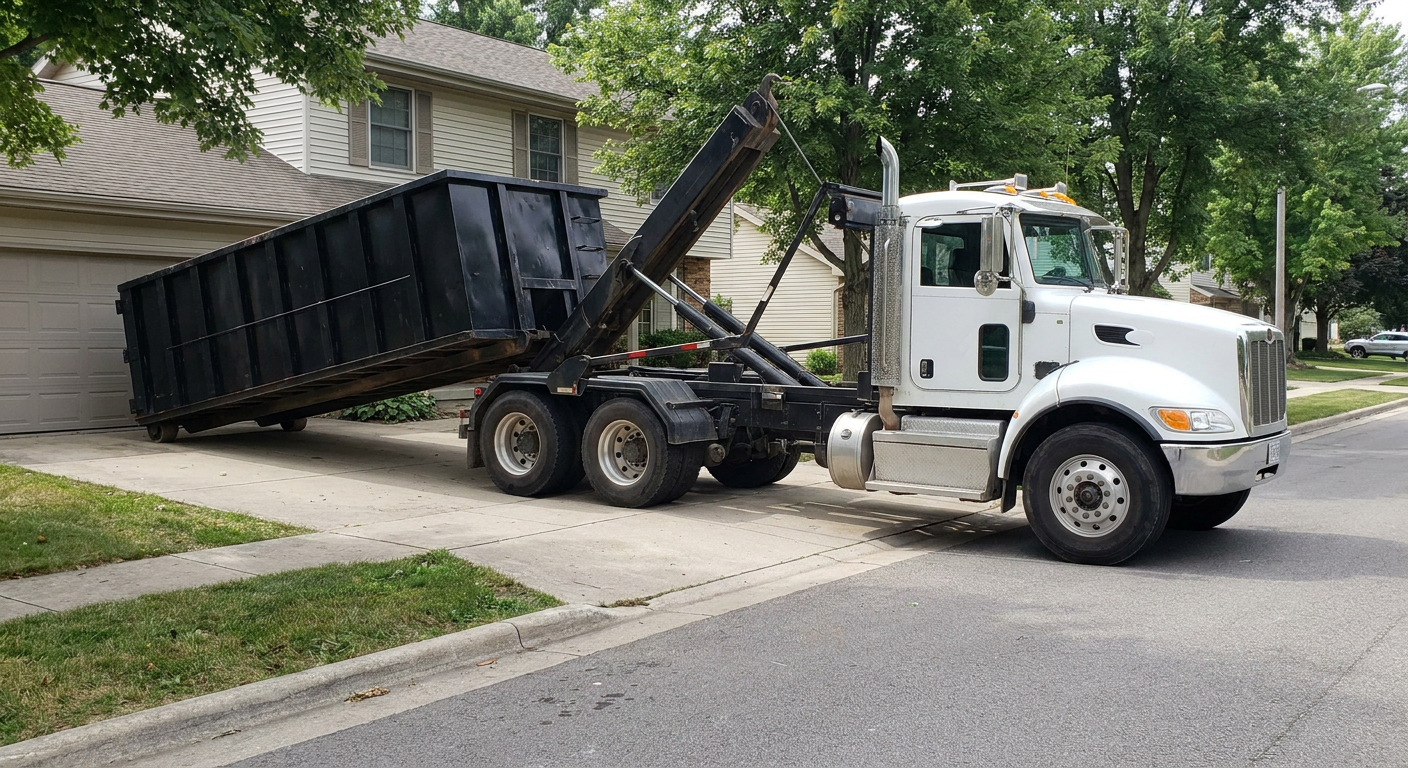 White-cab hooklift roll-off truck actively lowering a matte-black dumpster onto a Rockford residential concrete driveway, the dumpster's rear wheels touching the driveway as the hoist arm tilts the bed forward, mid-morning daylight.