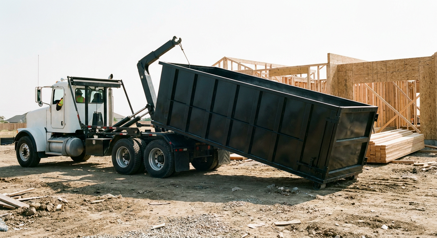 Matte-black roll-off dumpster being delivered onto a clean residential concrete driveway in Rockford by an unmarked white hooklift hauler truck, bright morning daylight, documentary 35mm perspective.